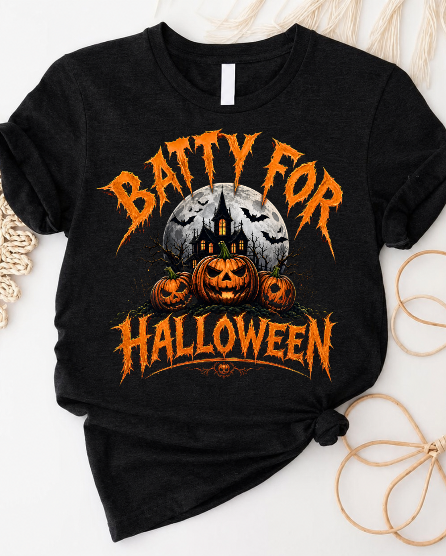 Batty for Halloween Tee — Vintage Pumpkin & Moon Horror Graphic T-Shirt