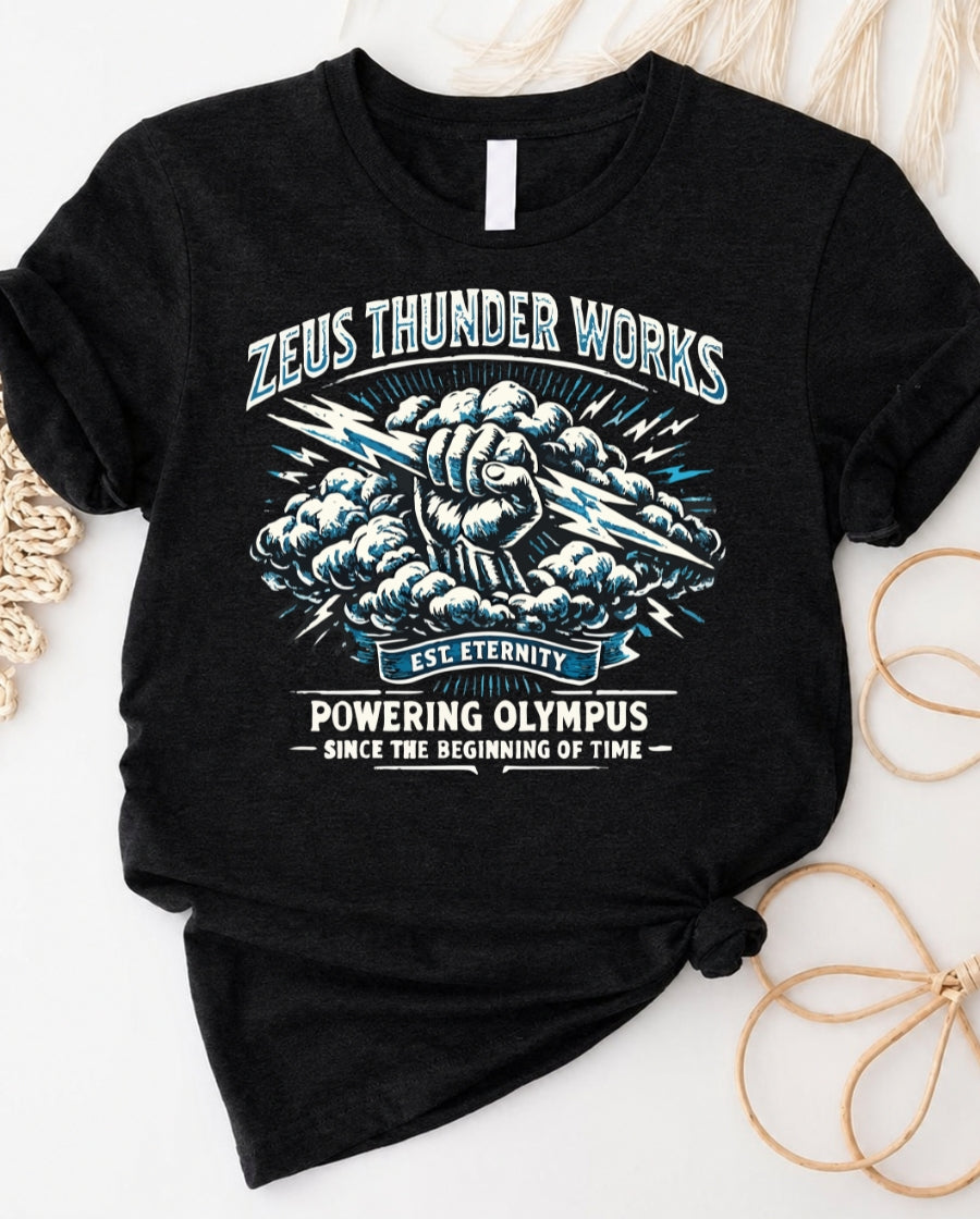 Zeus Thunder Works T-Shirt – Vintage Lightning Bolt Olympus Design