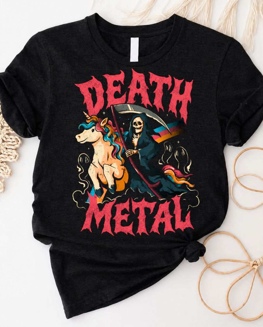Death Metal Unicorn T-Shirt — Grim Reaper Riding Rainbow Unicorn Graphic Tee