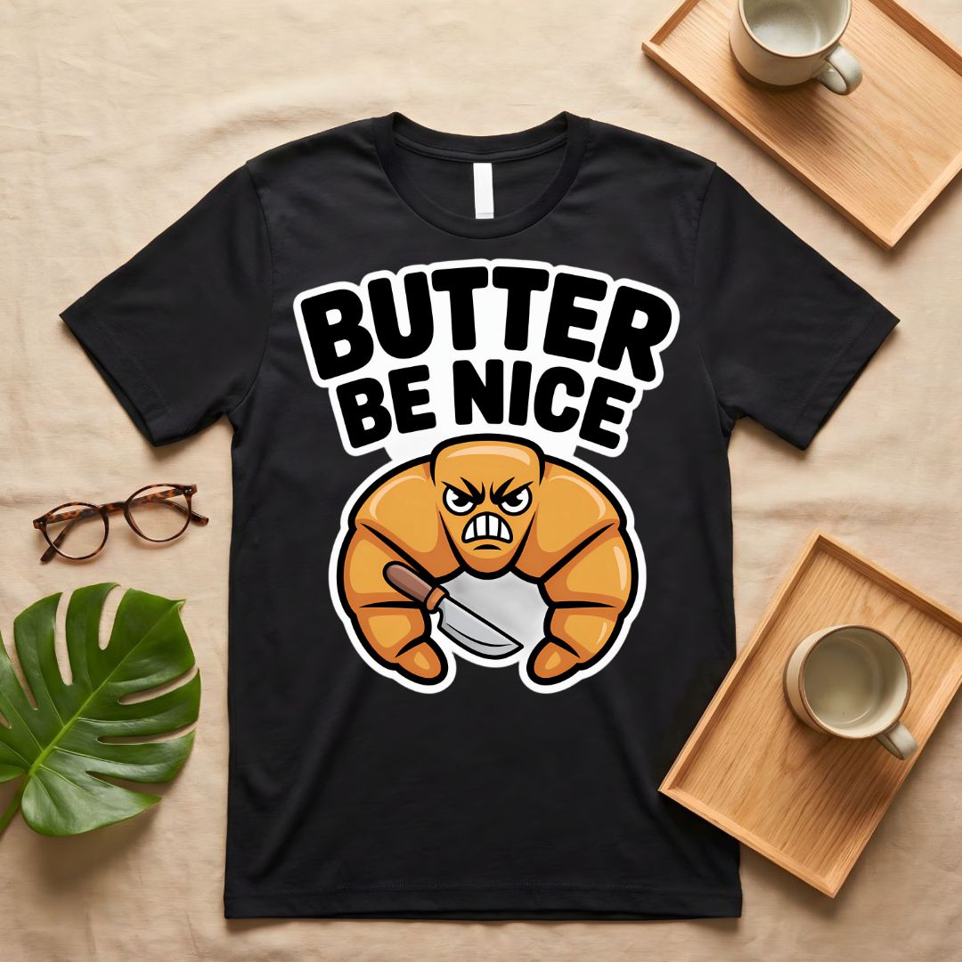 Butter Be Nice Positive Pun Graphic T-Shirt on Model