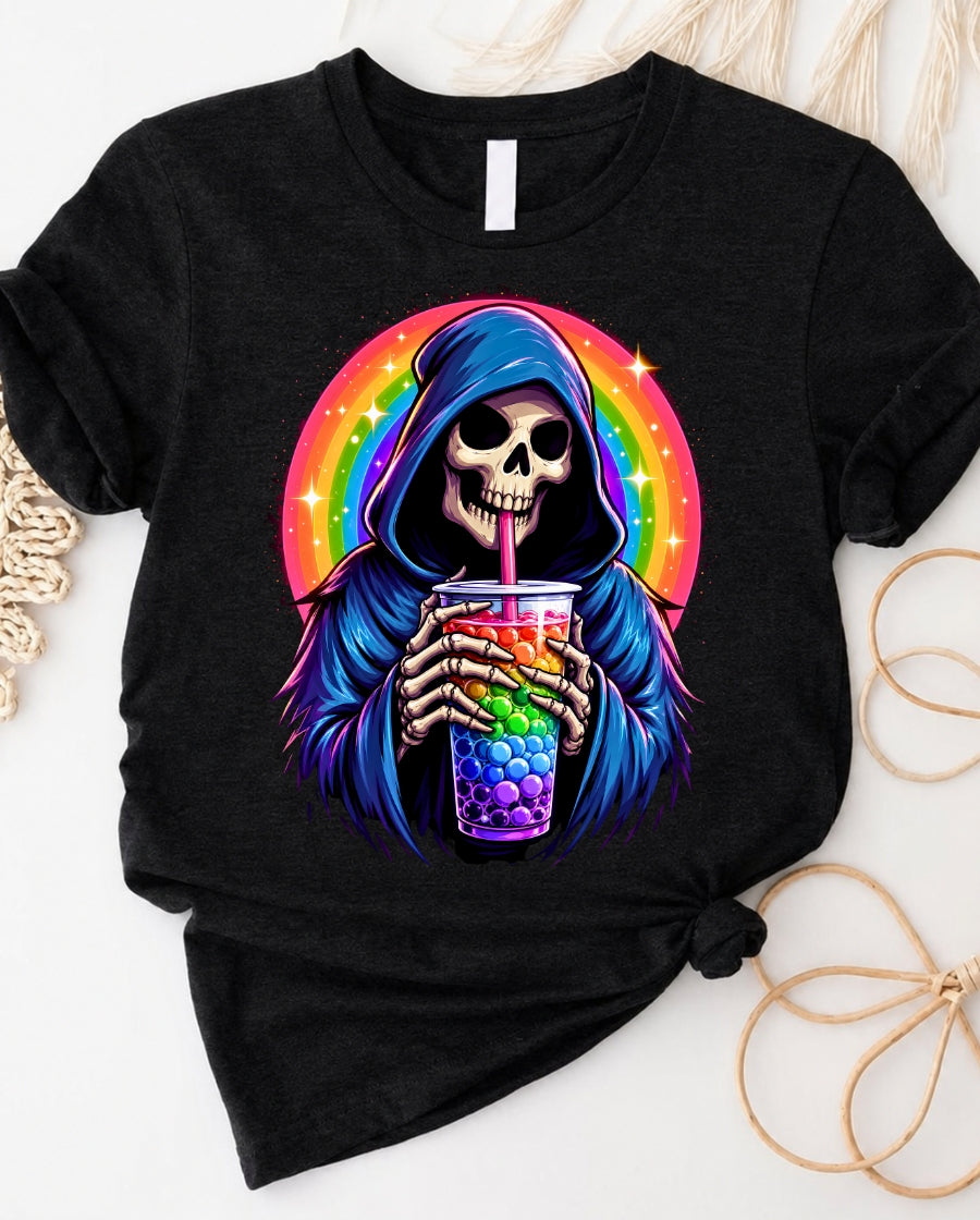 Reaper Bubble Tea T‑Shirt — Colorful Grim Reaper Drinking Boba Tee