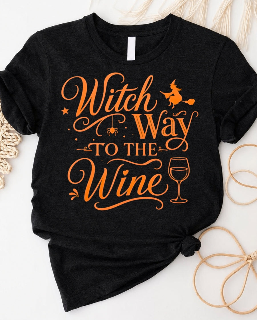 Witch Way to the Wine Tee — Halloween Witch Wine Graphic Shirt