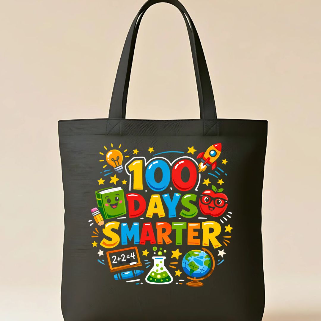 Colorful "100 Days of School" celebration tote bag on natural canvas