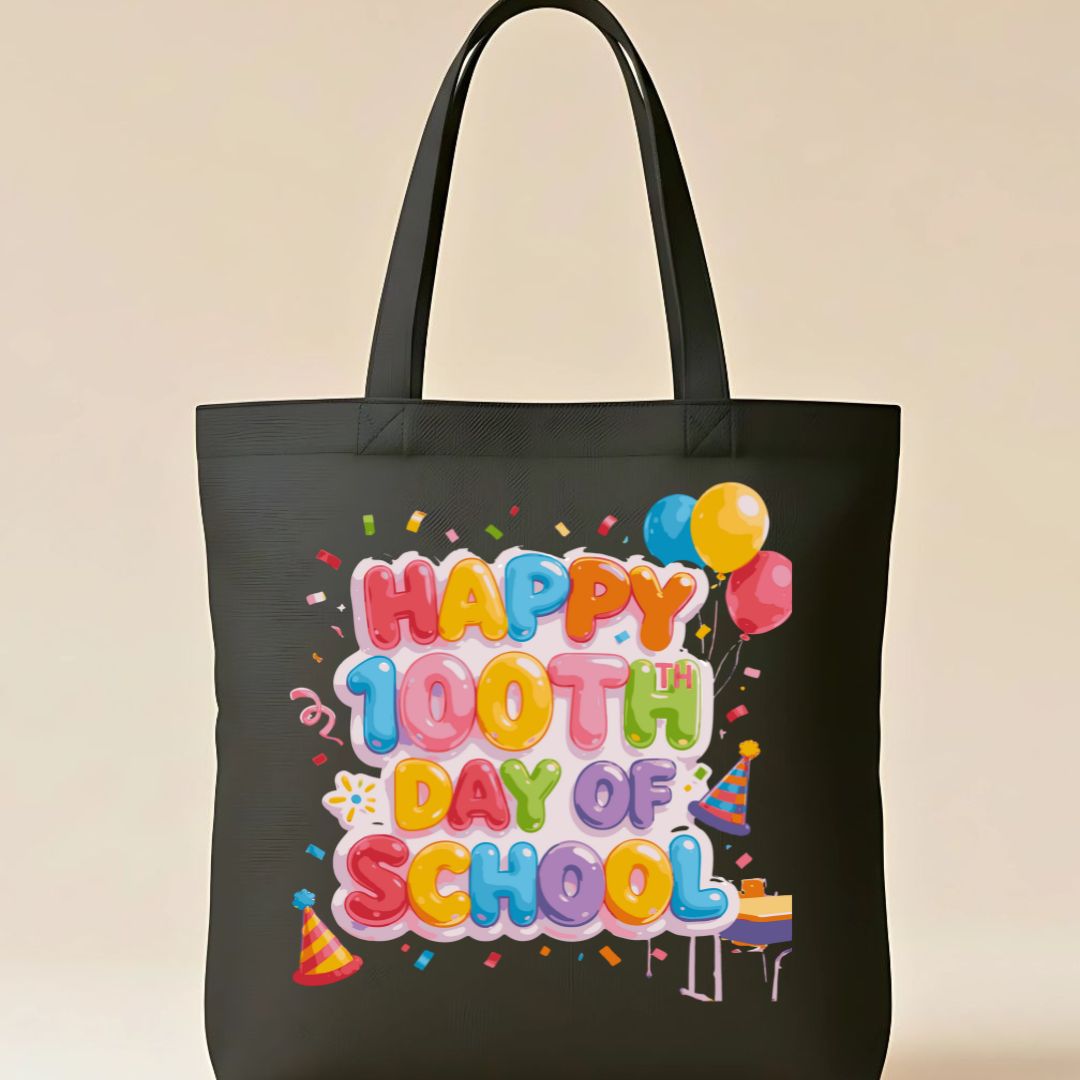 "Happy 100th Day of School" celebration tote bag on natural canvas
