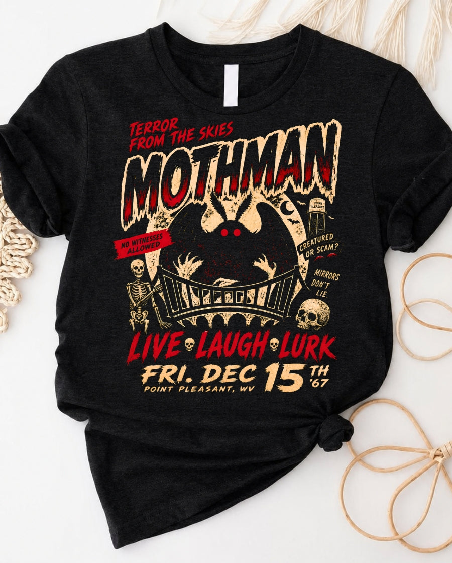 Mothman Concert Tee — 'Live Laugh Lurk' Retro Cryptid Graphic T-Shirt