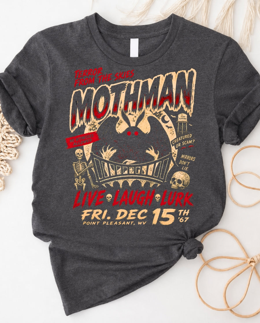 Mothman Concert Tee — 'Live Laugh Lurk' Retro Cryptid Graphic T-Shirt