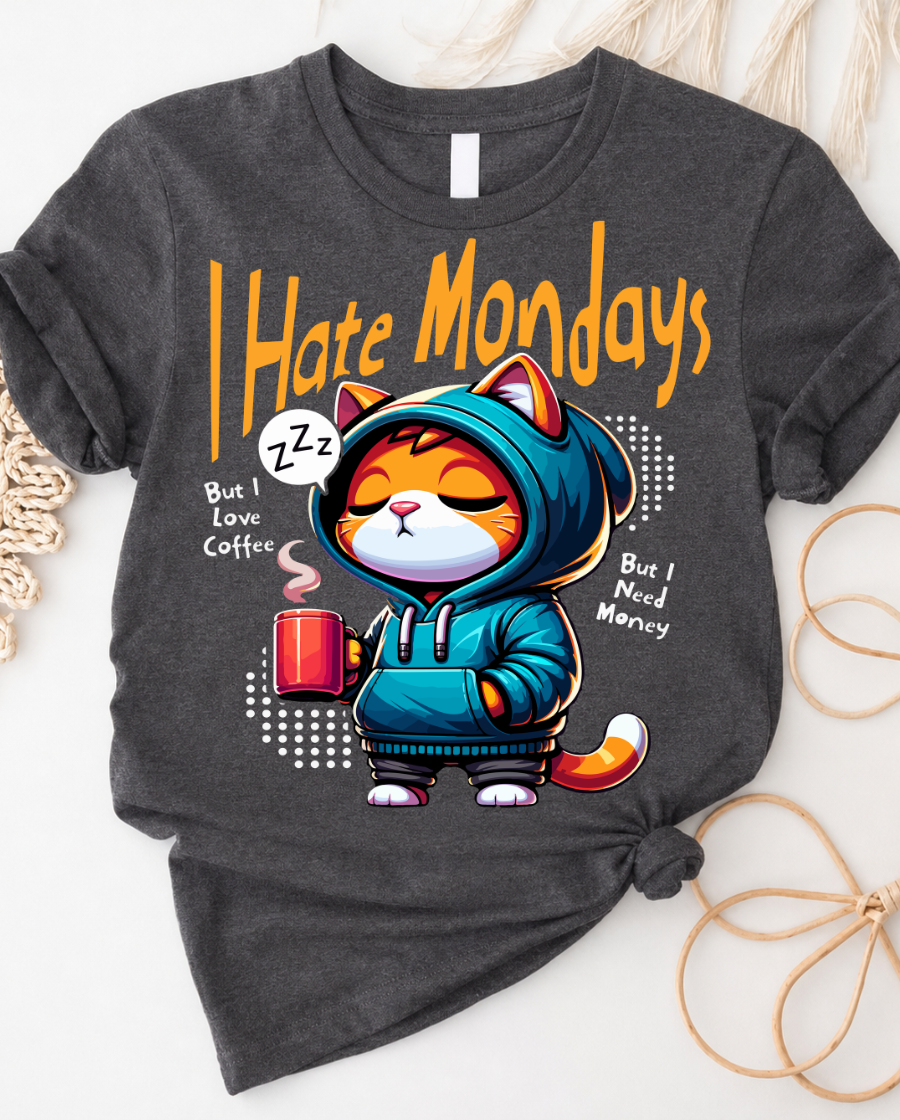 I Hate Mondays Funny Coffee Cat Graphic T-Shirt
