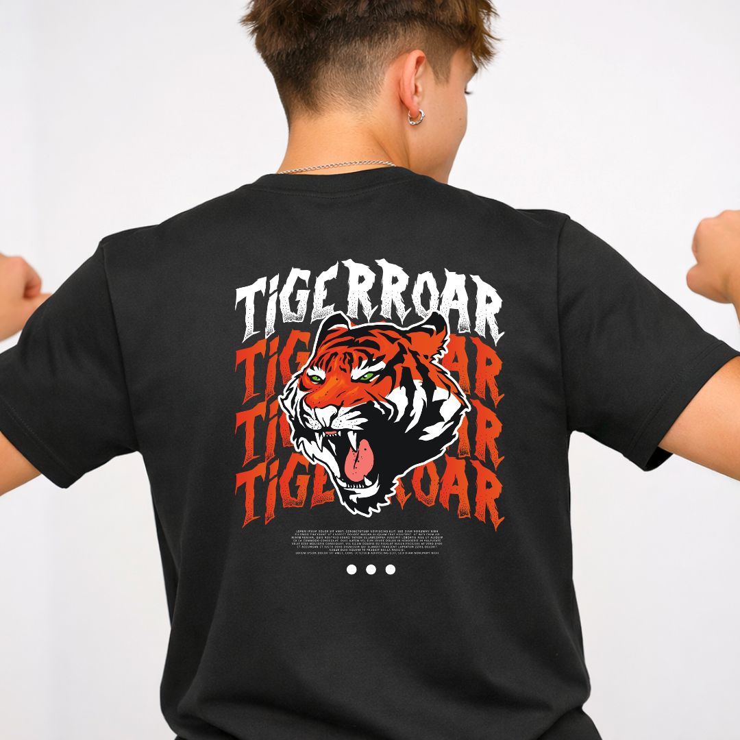 Tiger Roar Streetwear Tee with visible sound waves from roaring tiger on model