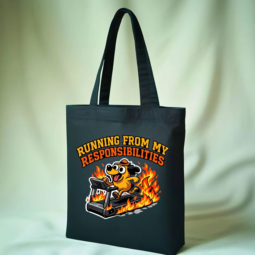 Funny "Running From My Responsibilities" quote tote bag on canvas
