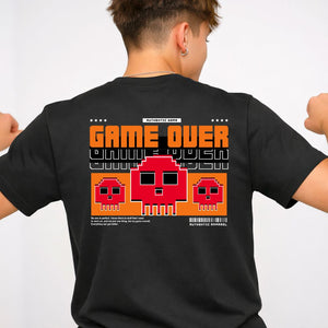 Game Over Gamers Tee with pixelated retro screen on model