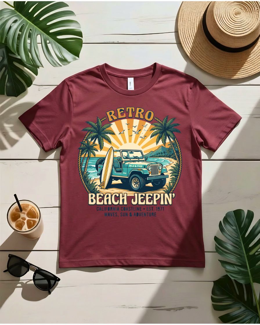 Retro beach jeepin tee vintage jeep surfboards coastal highway
