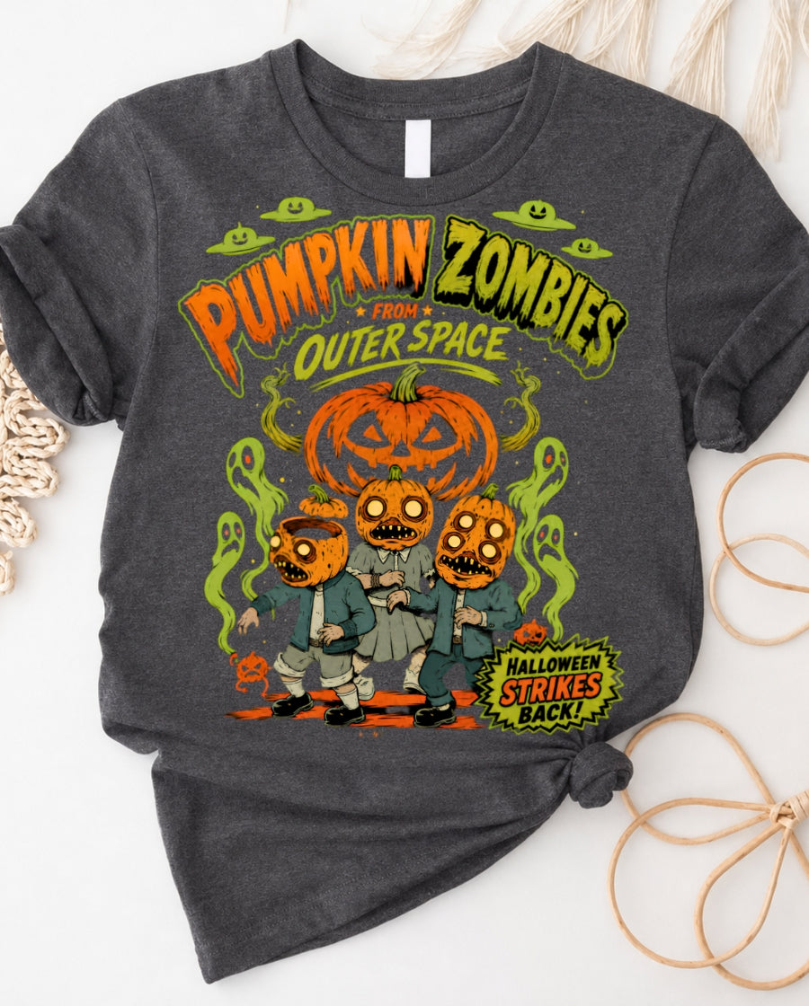 Pumpkin Zombies Outer Space Tee — Halloween Retro Horror Graphic T‑Shirt