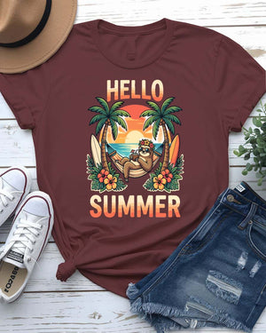 Hello summer tee smiling sun graphic front view
