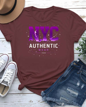 NYC Authentic Streetwear Tee with gritty skyline and graffiti on model