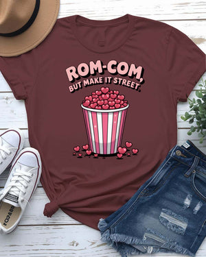 Rom-Com Valentine t-shirt with witty "In My Rom-Com Era" text and heart