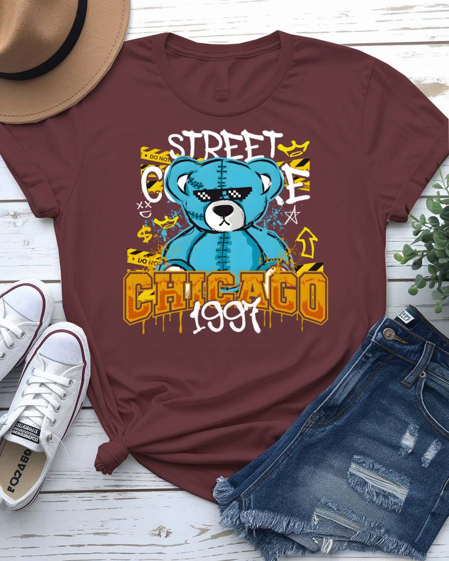 Chicago 1997 Streetwear Tee with retro skyline graphic on model