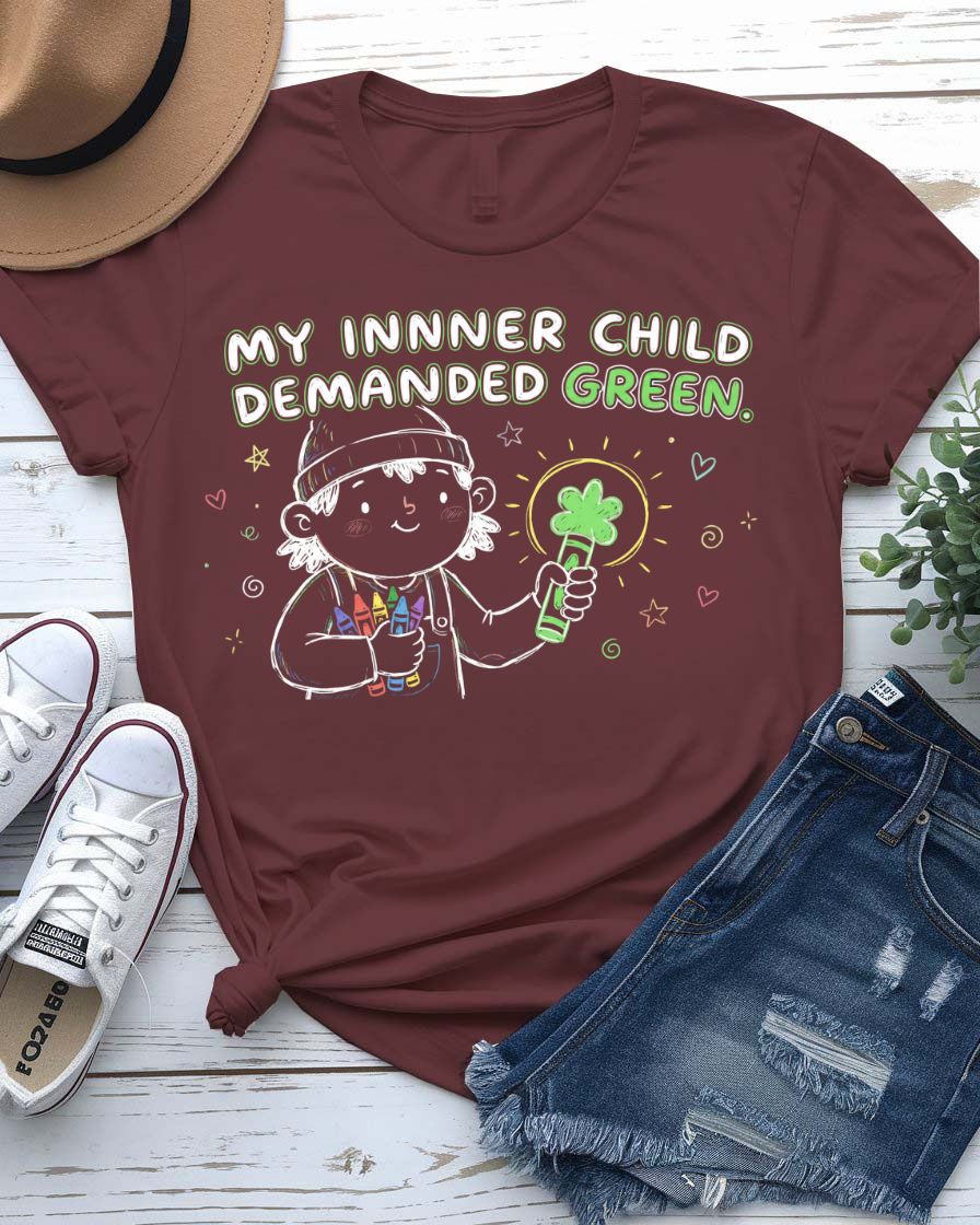 My Inner Child Demanded Green St. Patrick's Day Tee with jumping kid silhouette on model