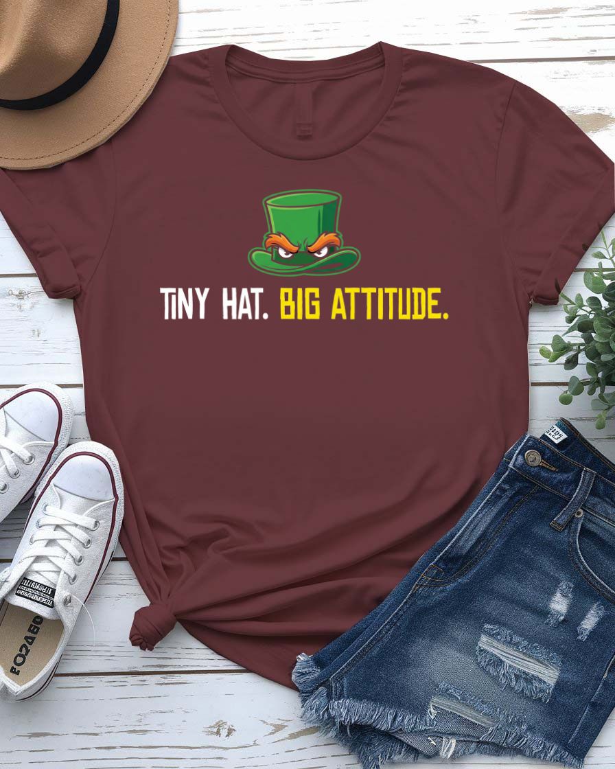 Tiny Hat Big Attitude St. Patrick's Day Tee with sassy leprechaun hat on model