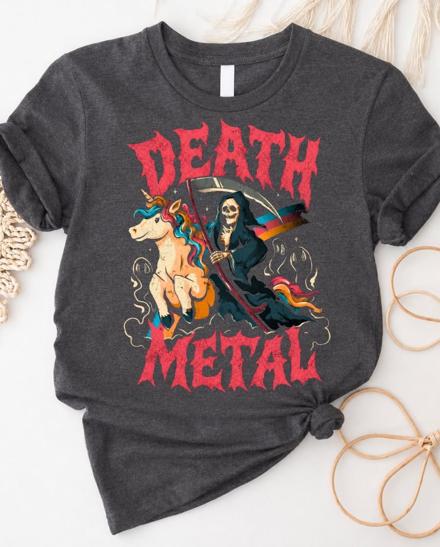 Death Metal Unicorn Tee — Funny Gothic Skeleton & Rainbow Graphic T-Shirt