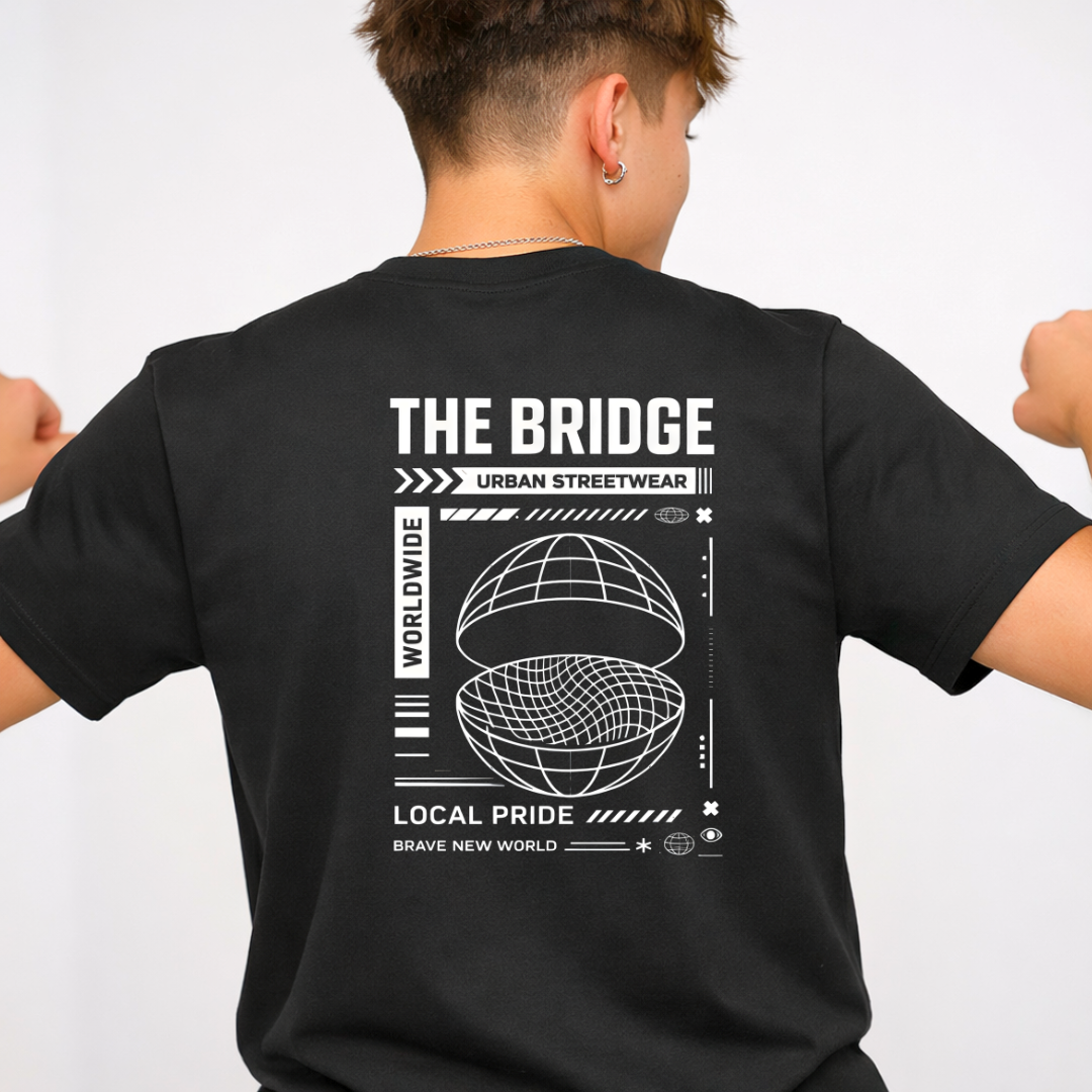 Bridge Streetwear Tee with suspension bridge in fog on model