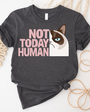 Not today human cat lovers tee with aloof cat graphic front view