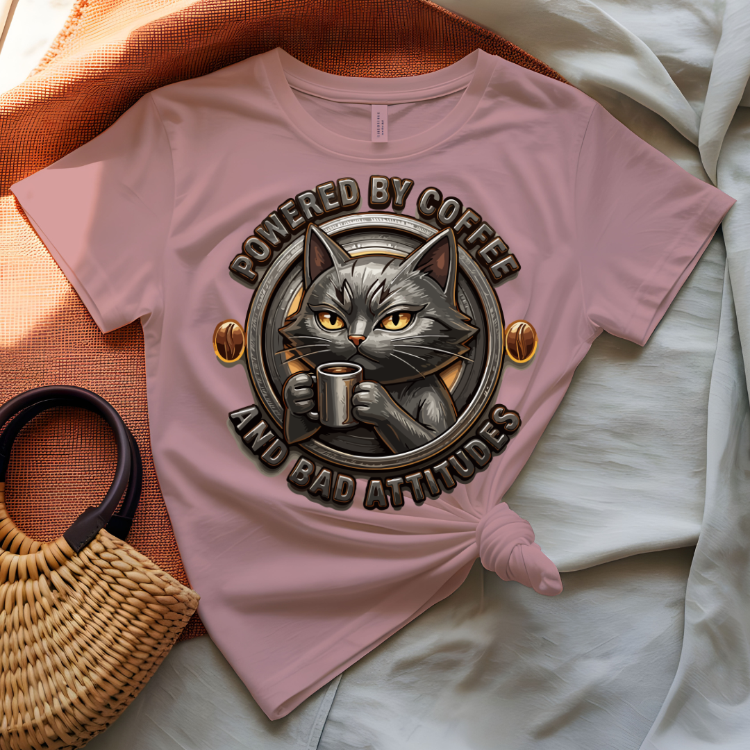 Powered by Coffee and Bad Attitude tee with bold typography