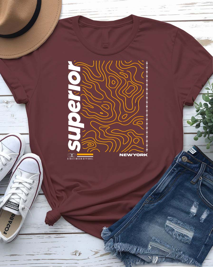 Superior Streetwear Tee with crown floating above mountain peak on model