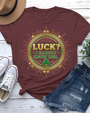 I Hardly Know Her St. Patrick's Day Tee with blushing shamrock on model