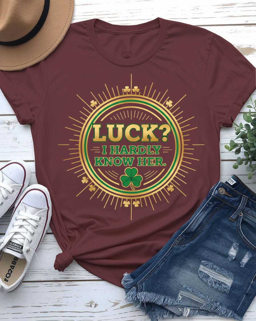 I Hardly Know Her St. Patrick's Day Tee with blushing shamrock on model
