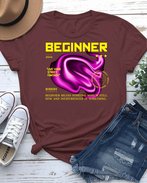 Beginner Streetwear Tee with minimalist training wheel graphic on model