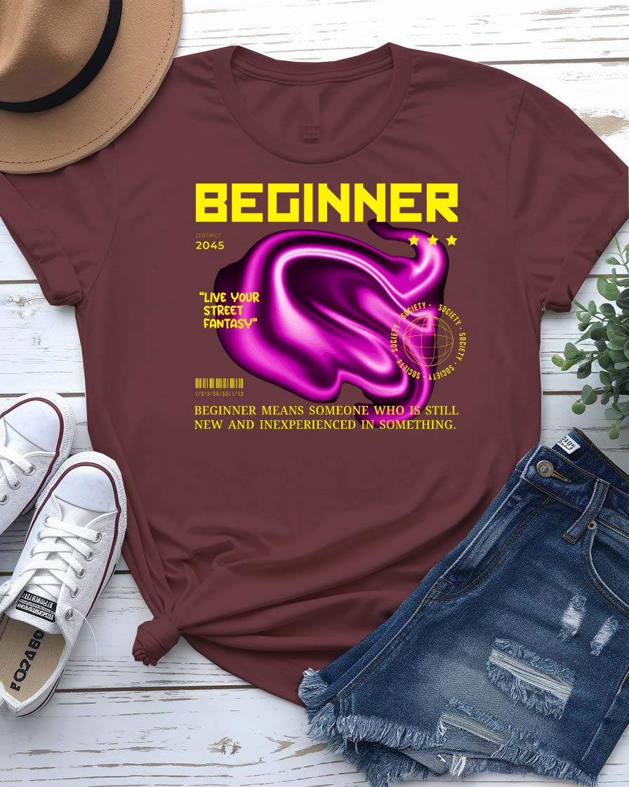 Beginner Streetwear Tee with minimalist training wheel graphic on model