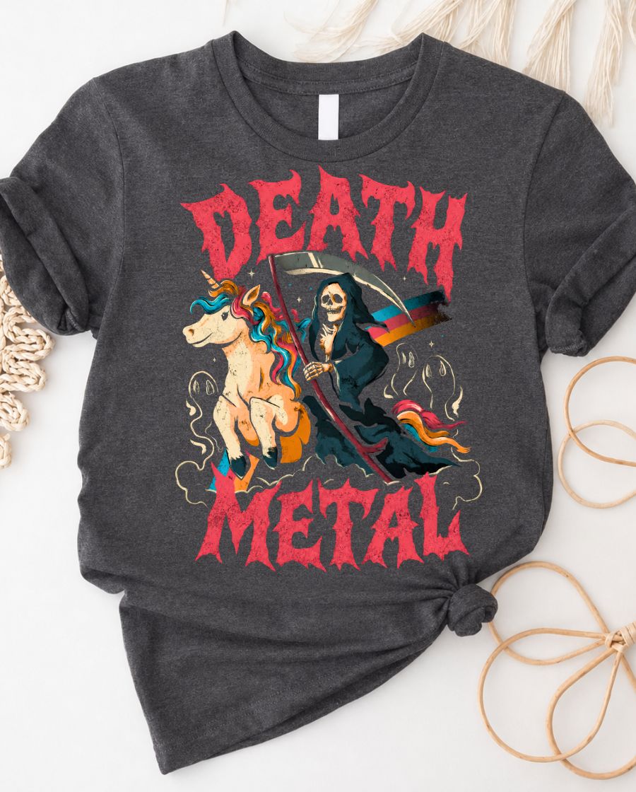 Death Metal Unicorn T-Shirt — Grim Reaper Riding Rainbow Unicorn Graphic Tee