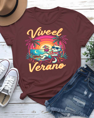 Vive el verano summer tee bold Spanish typography with sun