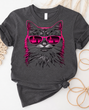 Neon cool cat with pink sunglasses graphic t-shirt featuring a stylish feline in retro design