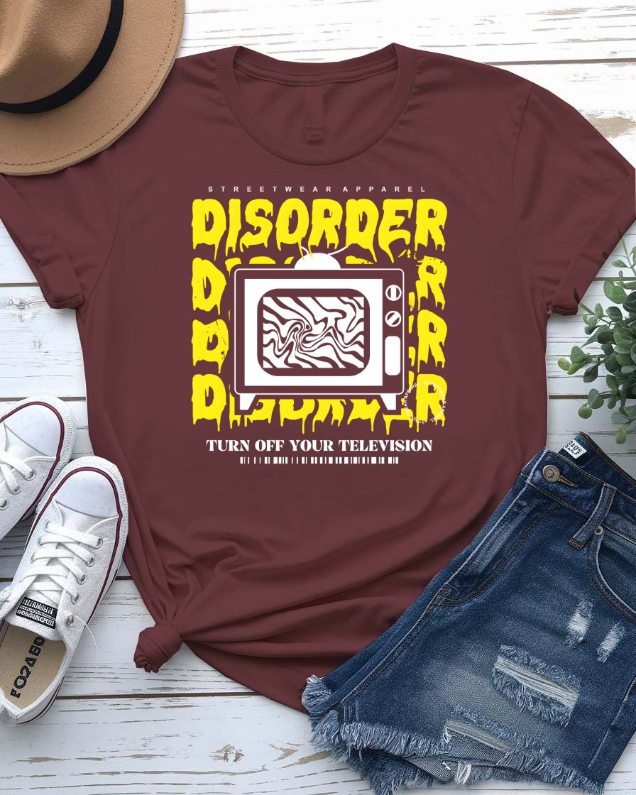 Disorder Streetwear T-Shirt with scattering geometric forms on model
