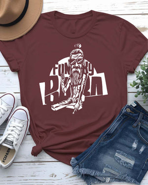 Funky Baba Funny Tee with groovy grandpa dancing with records on model