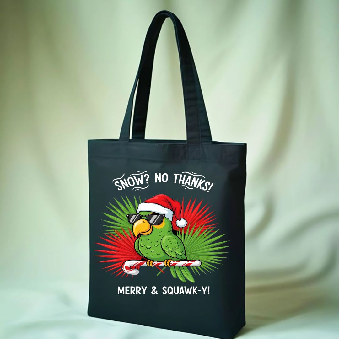 Merry Squawk Tote Bag with colorful parrot in Santa hat design