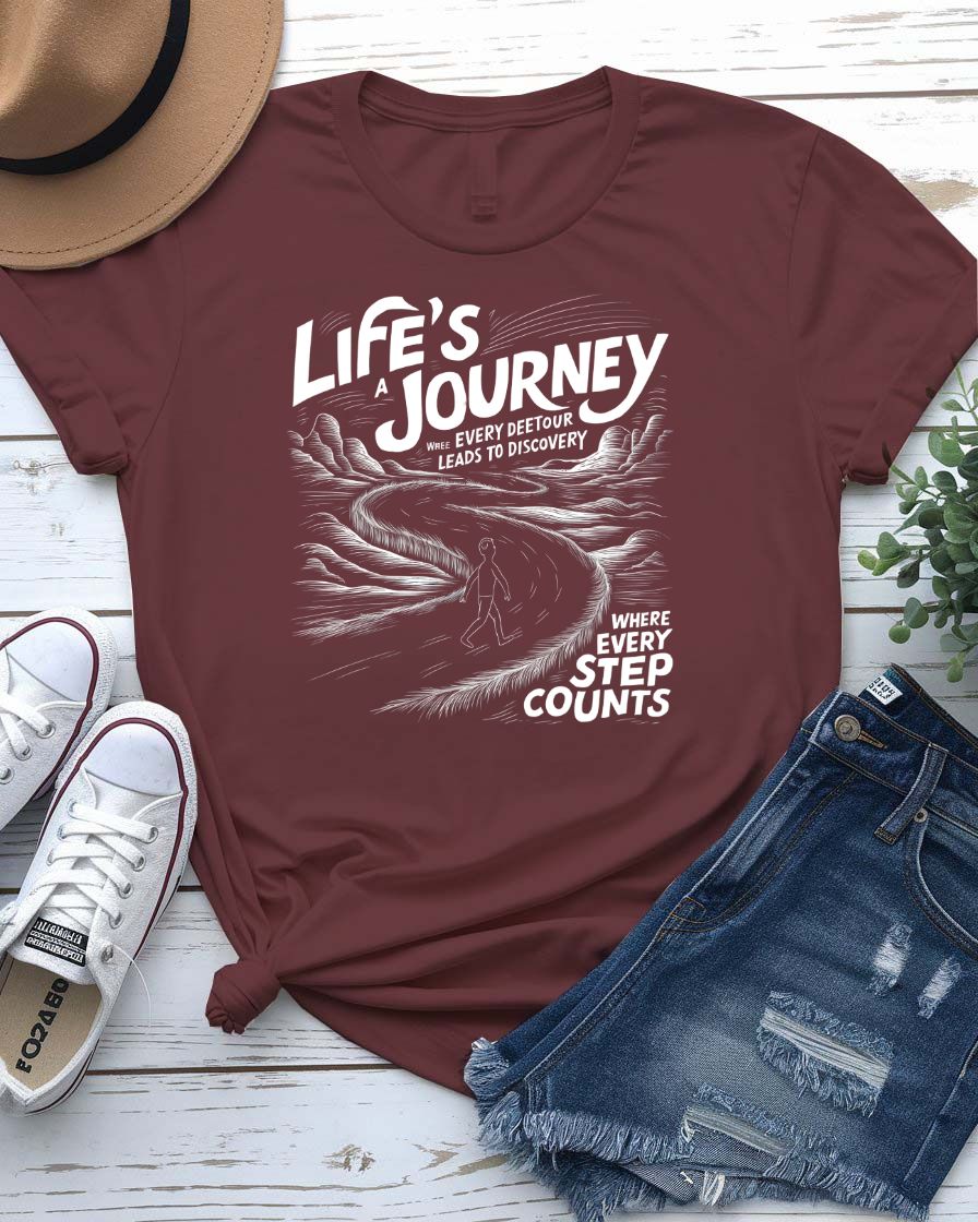 Life Is a Journey Streetwear Tee with winding mountain path on model