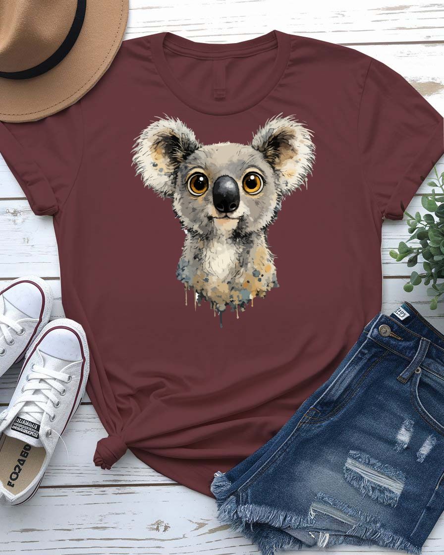 Curious koala tee wide-eyed koala on branch graphic