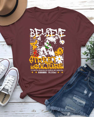 Believe Streetwear Tee with single candle flame on model