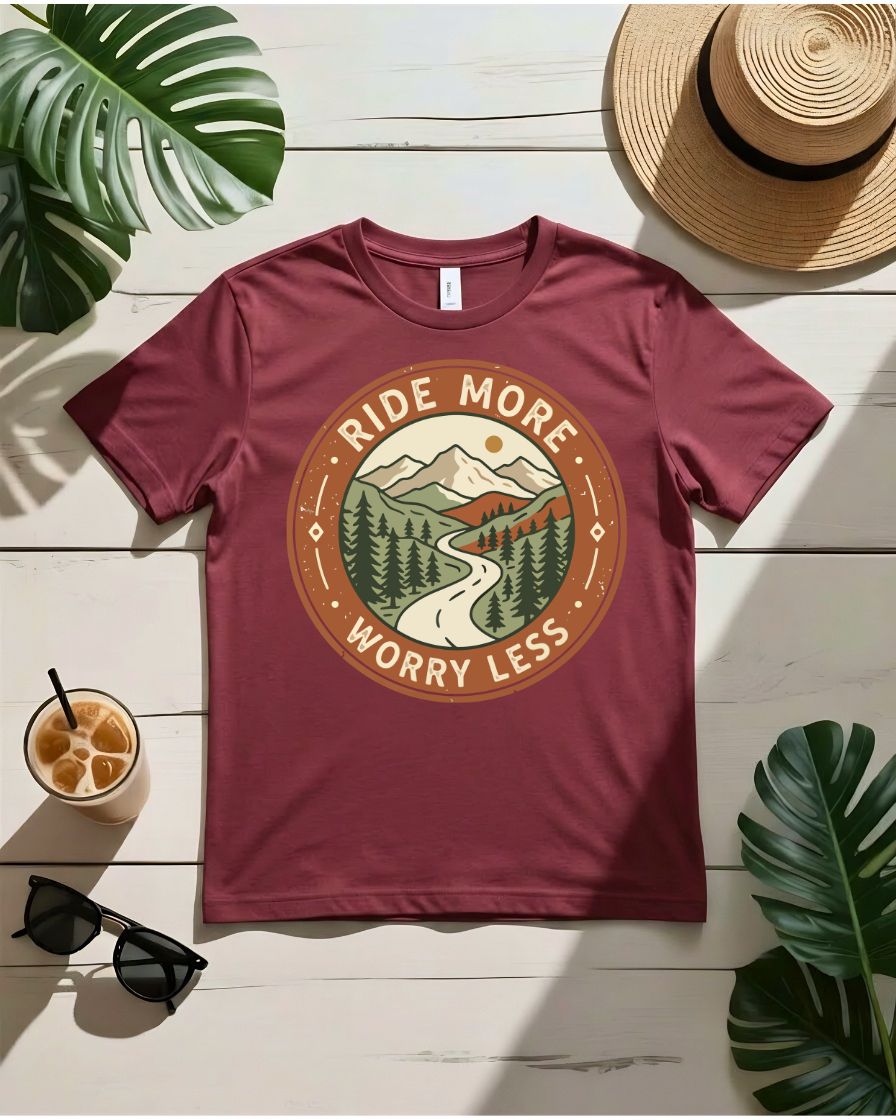 Ride more worry less tee motorcycle sunset highway graphic