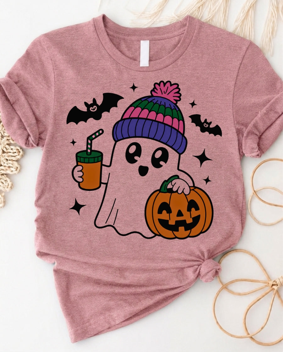 Cute Halloween Ghost Tee — Pumpkin, Bats & Hot Drink Graphic Shirt