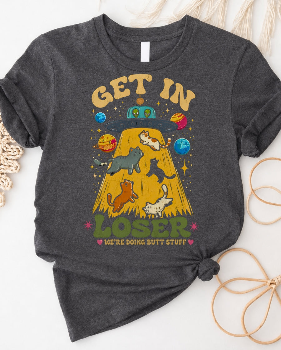 T-Shirt — Retro UFO Cat Abduction “Get In Loser” Graphic Tee