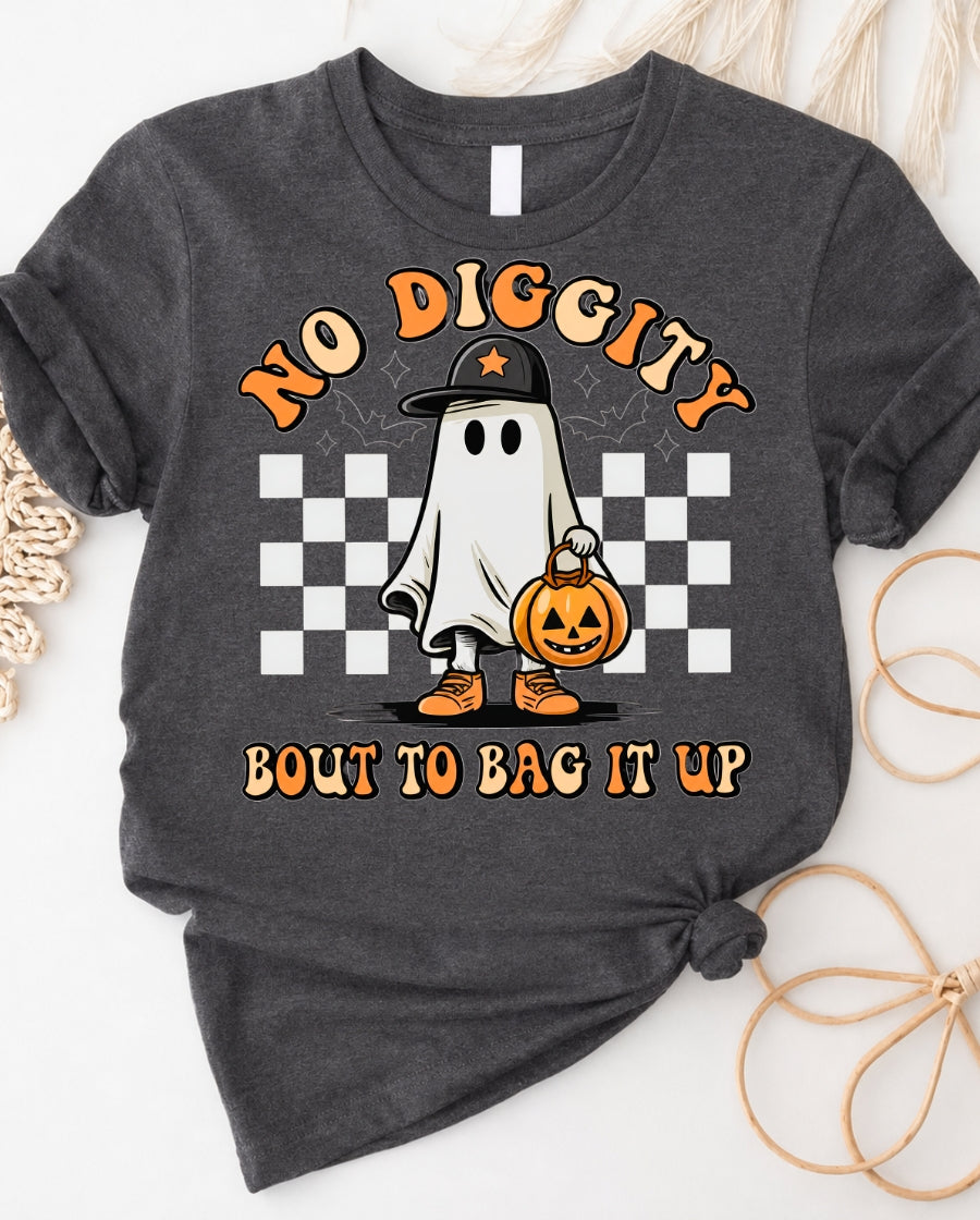 Halloween Ghost T-Shirt — "No Diggity Bout to Bag It Up" Retro Trick-or-Treat Tee