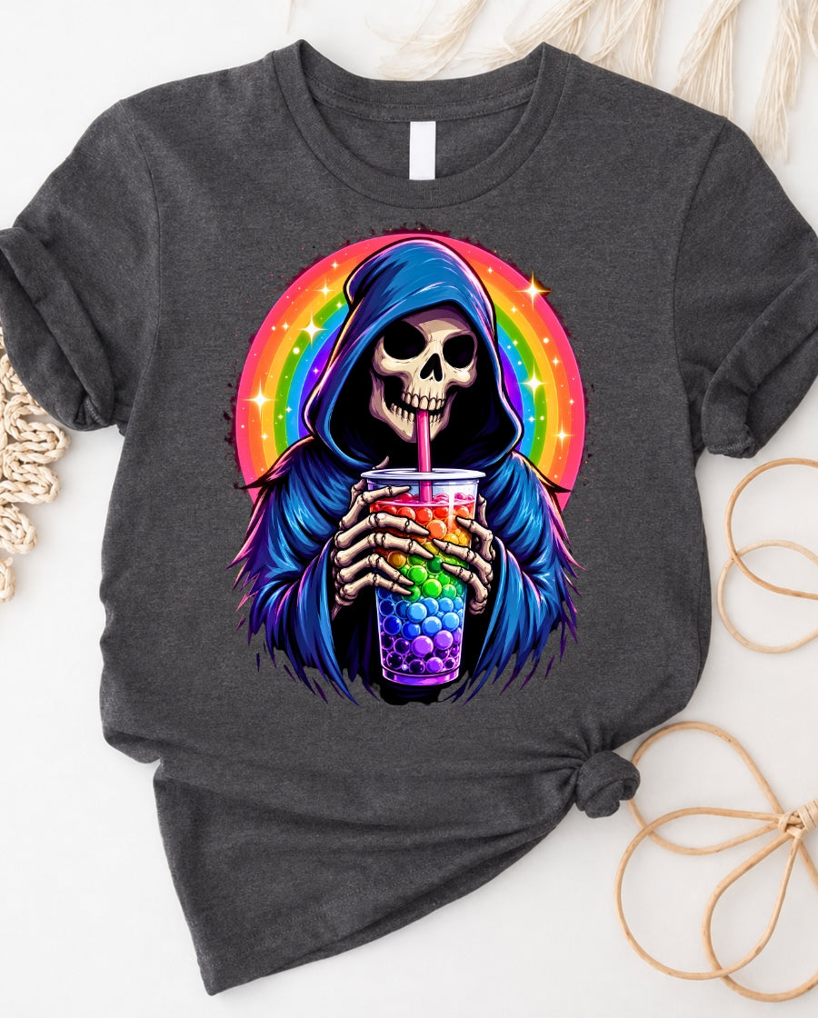 Reaper Bubble Tea T‑Shirt — Colorful Grim Reaper Drinking Boba Tee