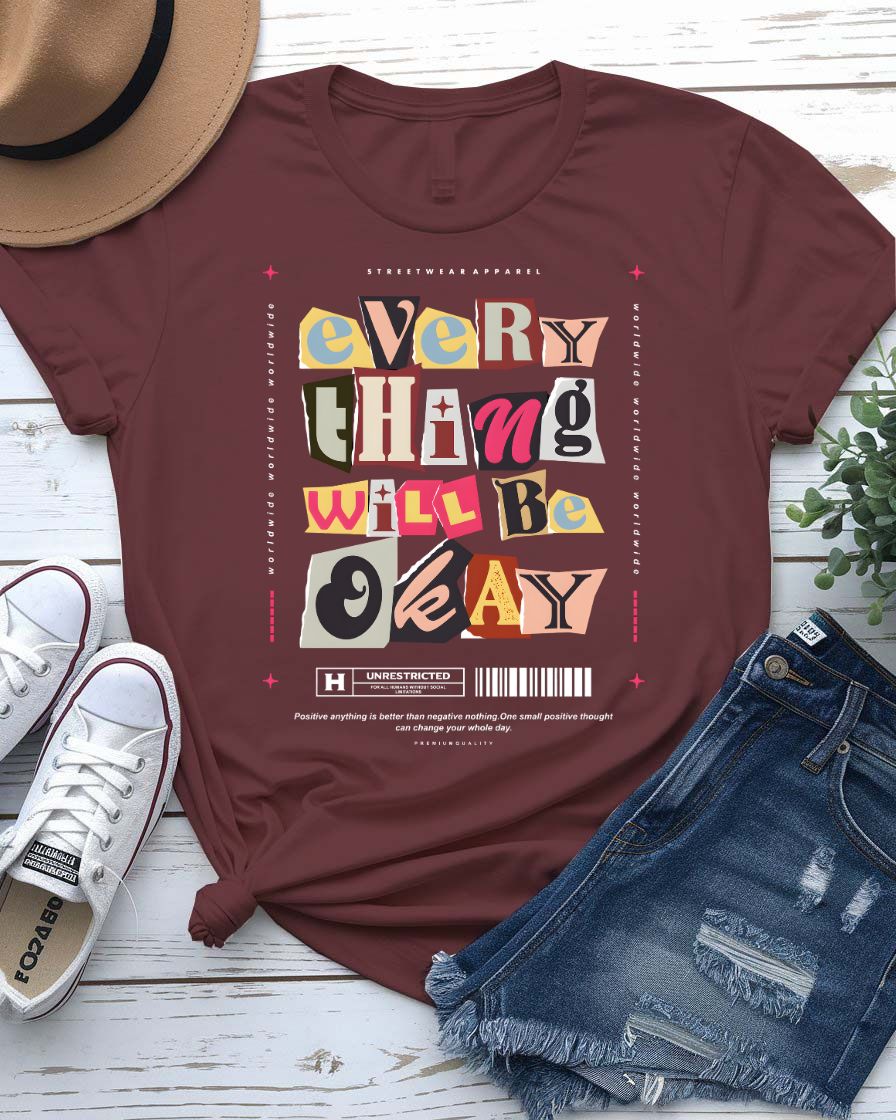 Everything Will Be Okay Tee with handwritten text on wrinkled backdrop on model