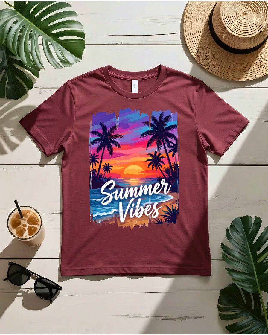 Sunset summer vibes tee orange pink sky with palm trees