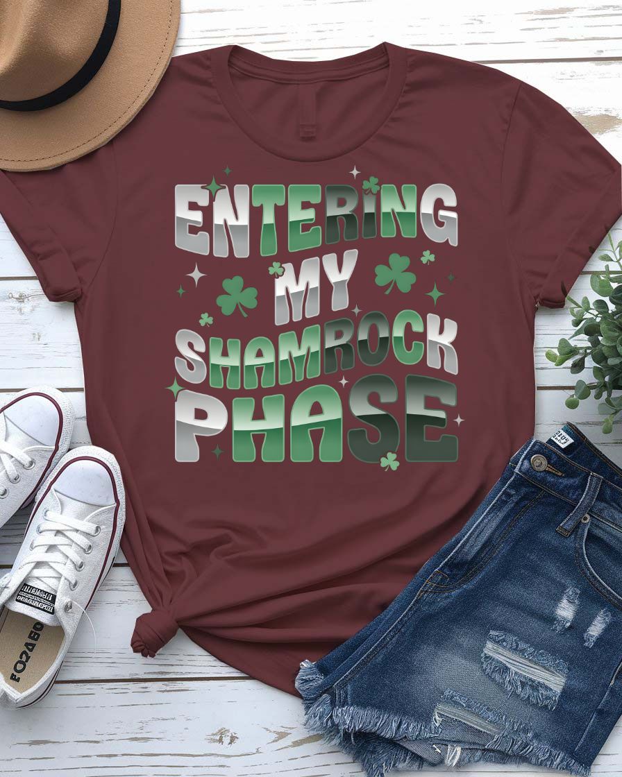 Entering My Shamrok Phase T-Shirt with geometric phasing shamrock on model