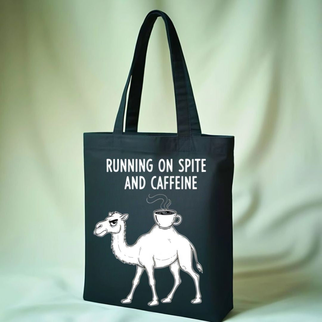 "Running on Spite and Caffeine" Funny Camel Meme Tote Bag