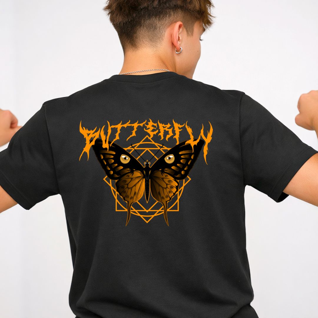 Butterfly Streetwear Tee with geometric monarch emergence on model